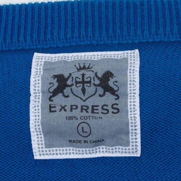 Vintage Express Mens V Neck Cotton Sweater Size L Blue Logo Preppy‎ Academia Y2K - Picture 5 of 9
